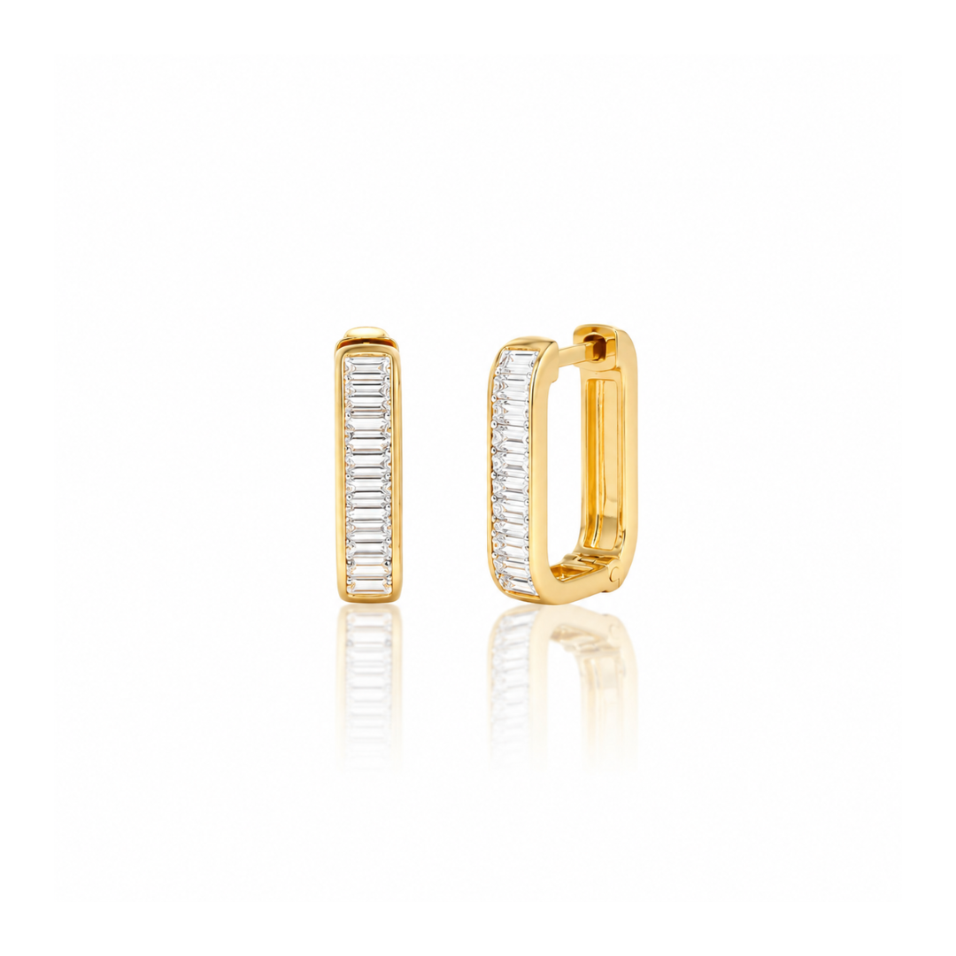 Quinn rectangular gold hoops set with baguette simulated diamonds – designed in Vermont by Elli Parr