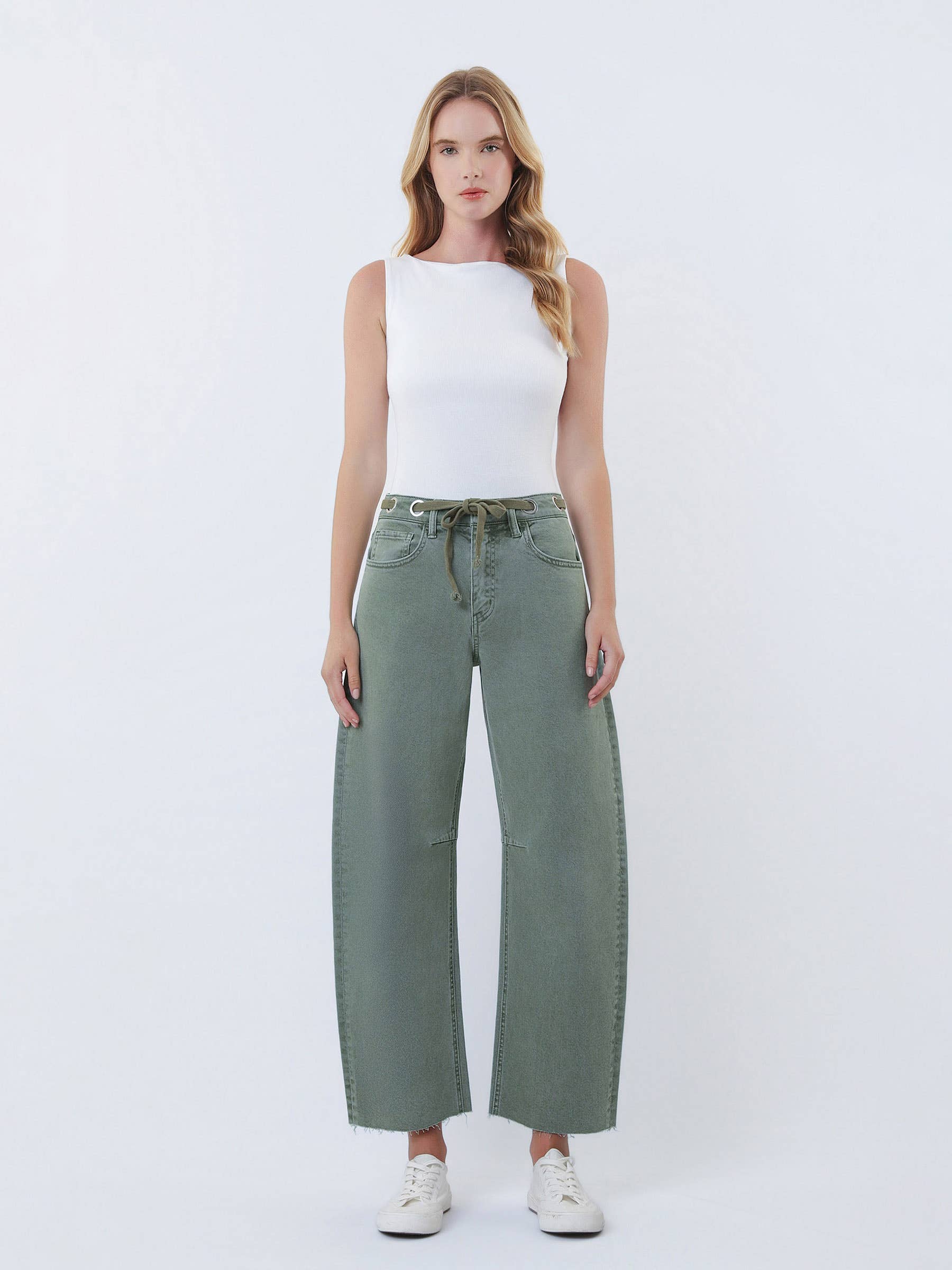 SUPER HIGH RISE DRAWSTRING WB WIDE BARREL JEANS T7041OLV