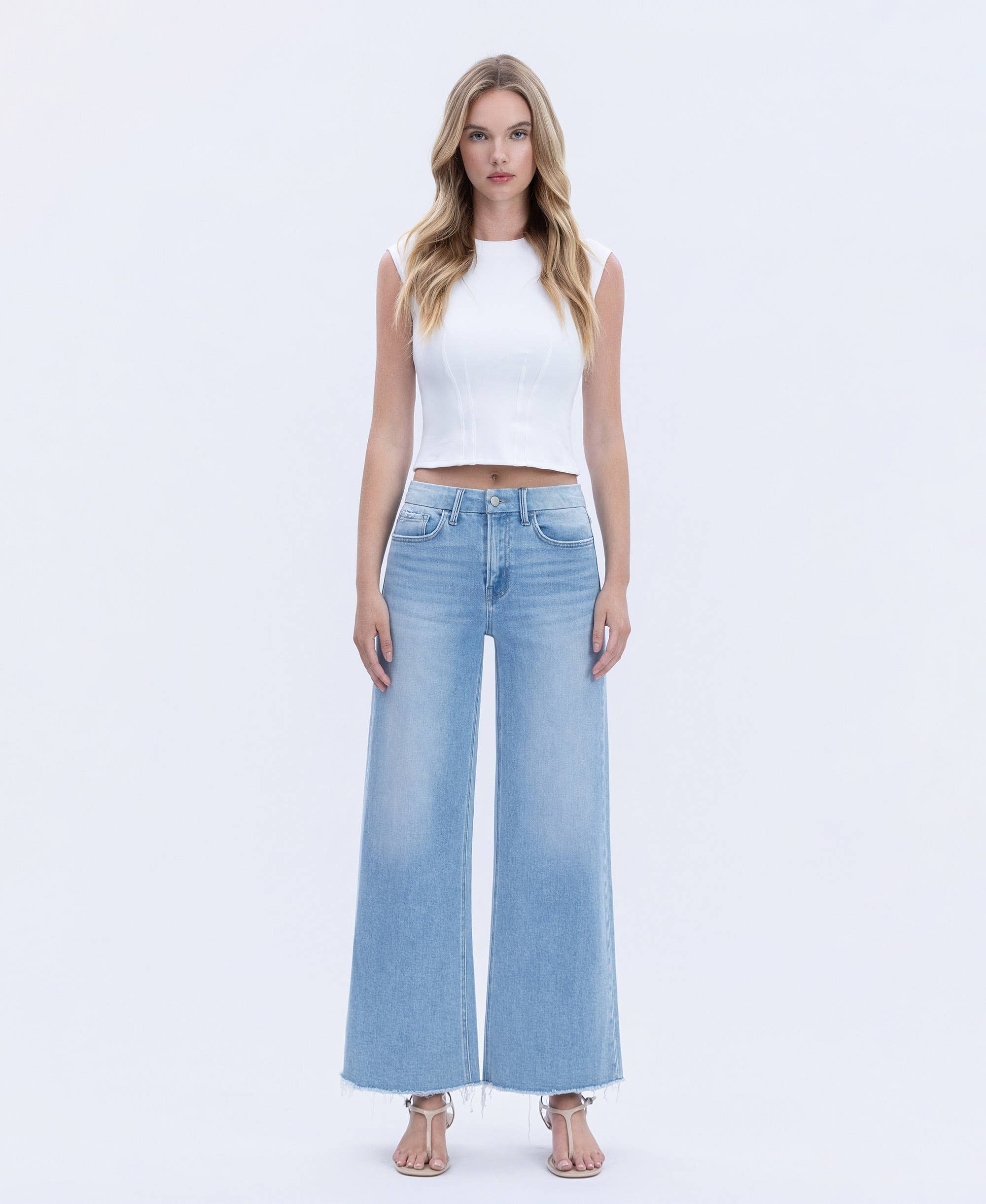 HIGH RISE RAW HEM WIDE LEG JEANS