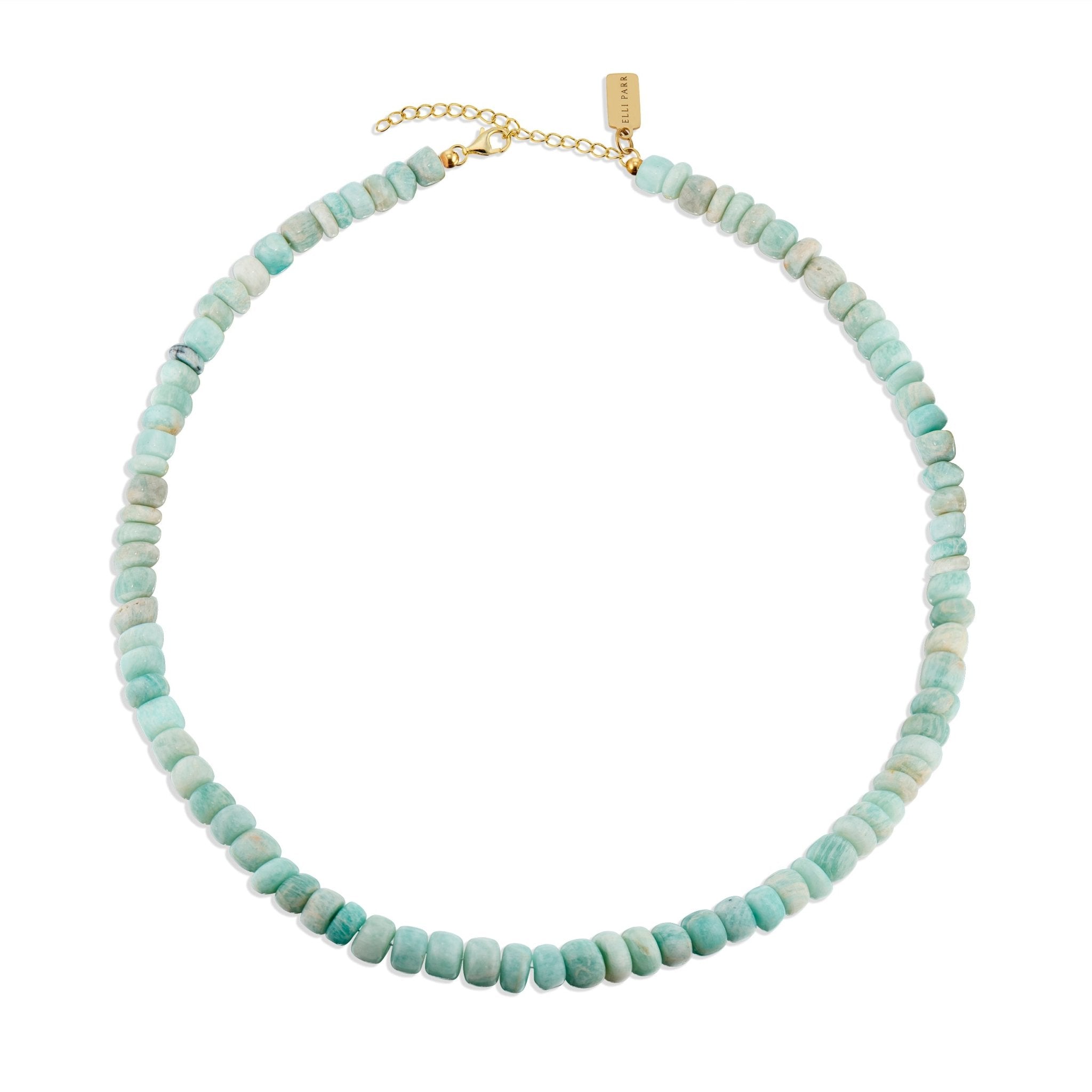 Natural Amazonite stone necklace with 14K gold vermeil accents, featuring 8–10mm beads in soft aqua tones, displayed with adjustable extender chain.