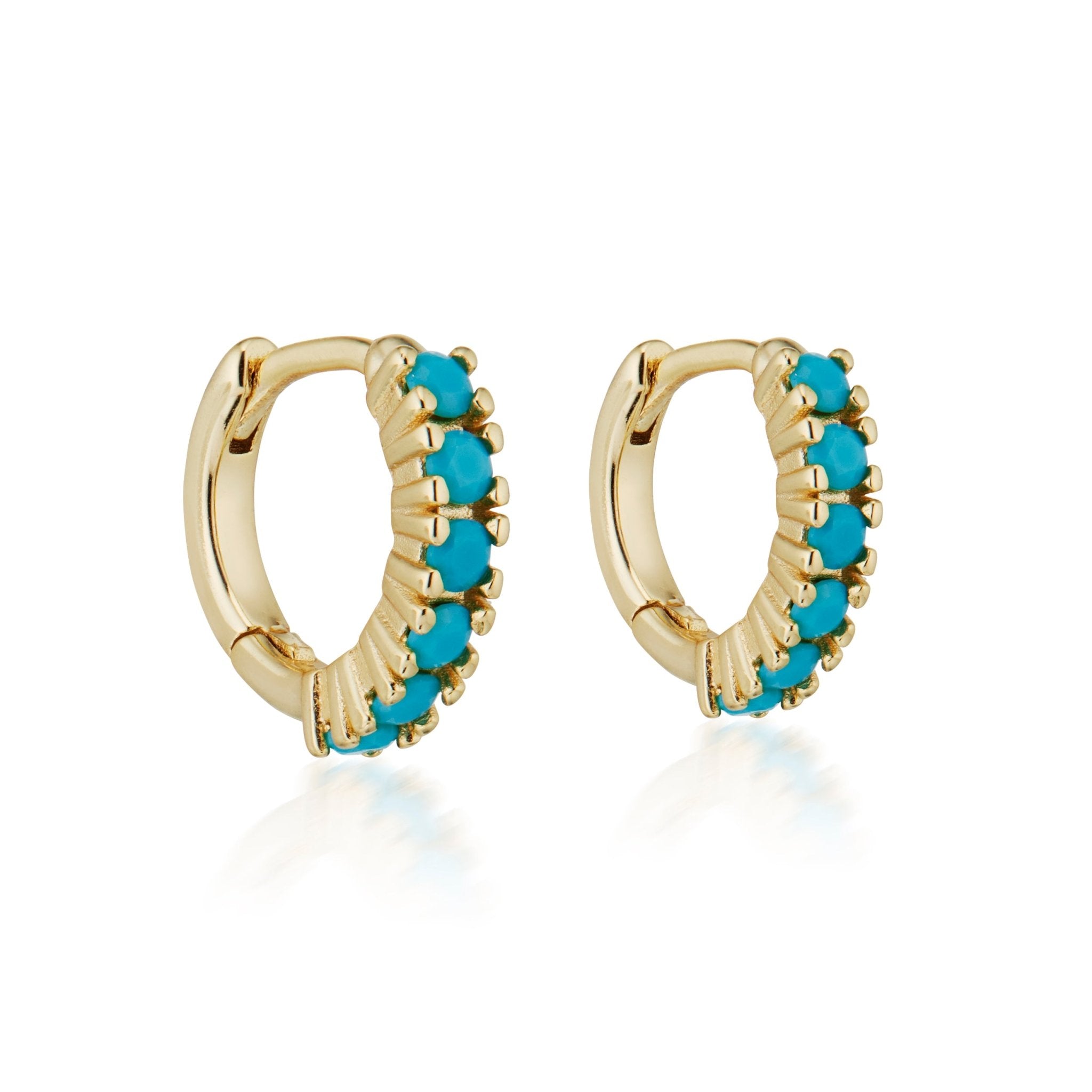 14K gold plated 925 sterling silver small hoops that "hug" your ear-lobe created with turquoise stone inlay.  minimalist trendy jewelry made in Vermont, perfect for casual wear, date night, work, weddings, gifting, or everyday wear.
