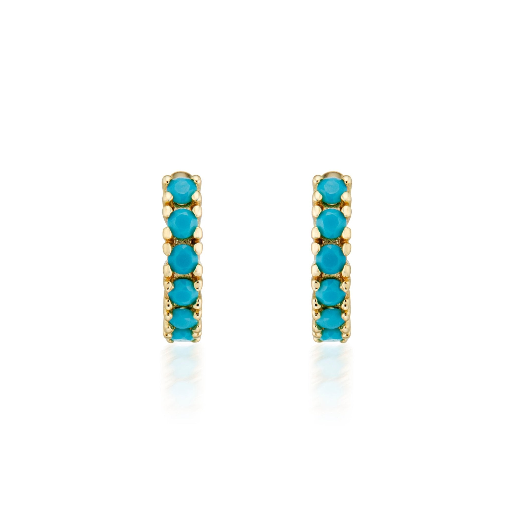 14K gold plated 925 sterling silver small hoops that "hug" your ear-lobe created with turquoise stone inlay.  minimalist trendy jewelry made in Vermont, perfect for casual wear, date night, work, weddings, gifting, or everyday wear.