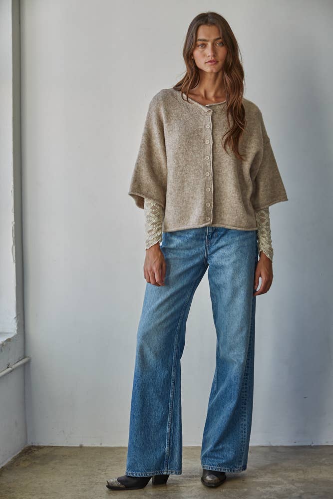 Knit Sweater Quarter Sleeve Button Up Top - elliparr