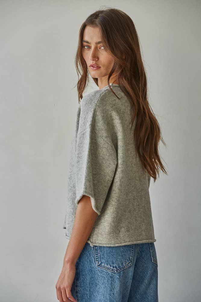 Knit Sweater Quarter Sleeve Button Up Top - elliparr