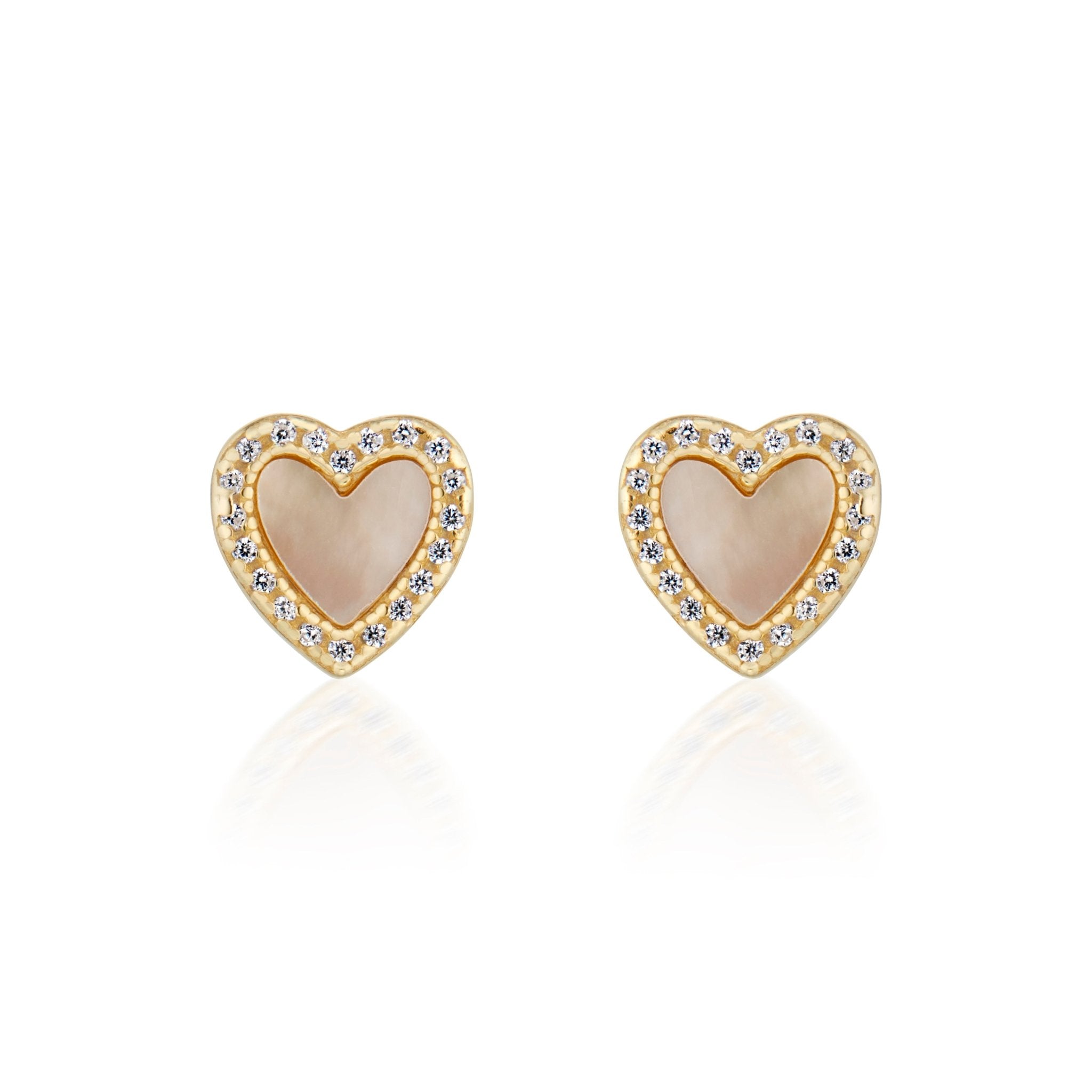 14K gold plated 925 sterling silver heart shaped studs with a simulated diamond inlay and a mother-of-pearl center. minimalist trendy jewelry made in Vermont, perfect for casual wear, date night, work, weddings, gifting, or everyday wear.
