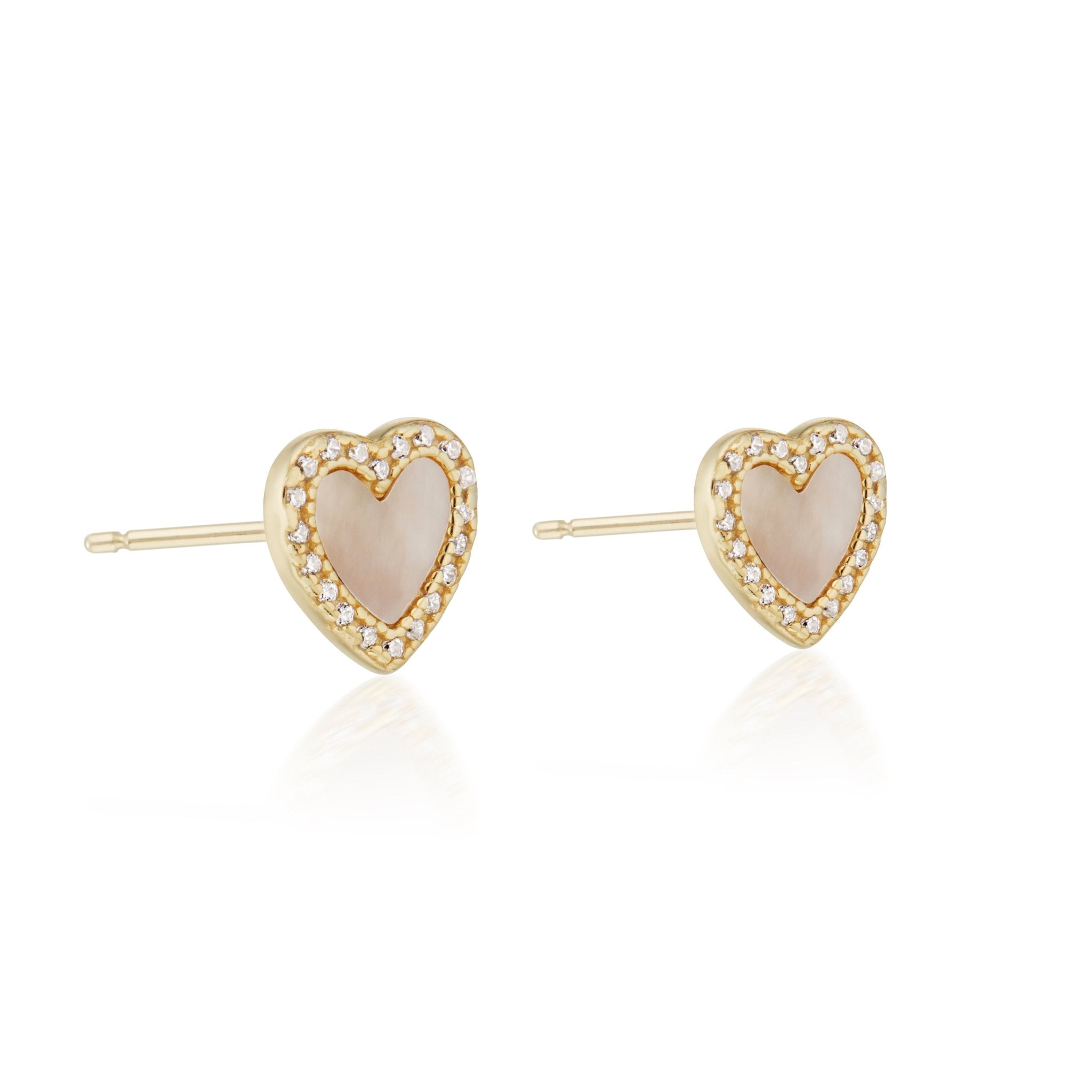 14K gold plated 925 sterling silver heart shaped studs with a simulated diamond inlay and a mother-of-pearl center. minimalist trendy jewelry made in Vermont, perfect for casual wear, date night, work, weddings, gifting, or everyday wear.