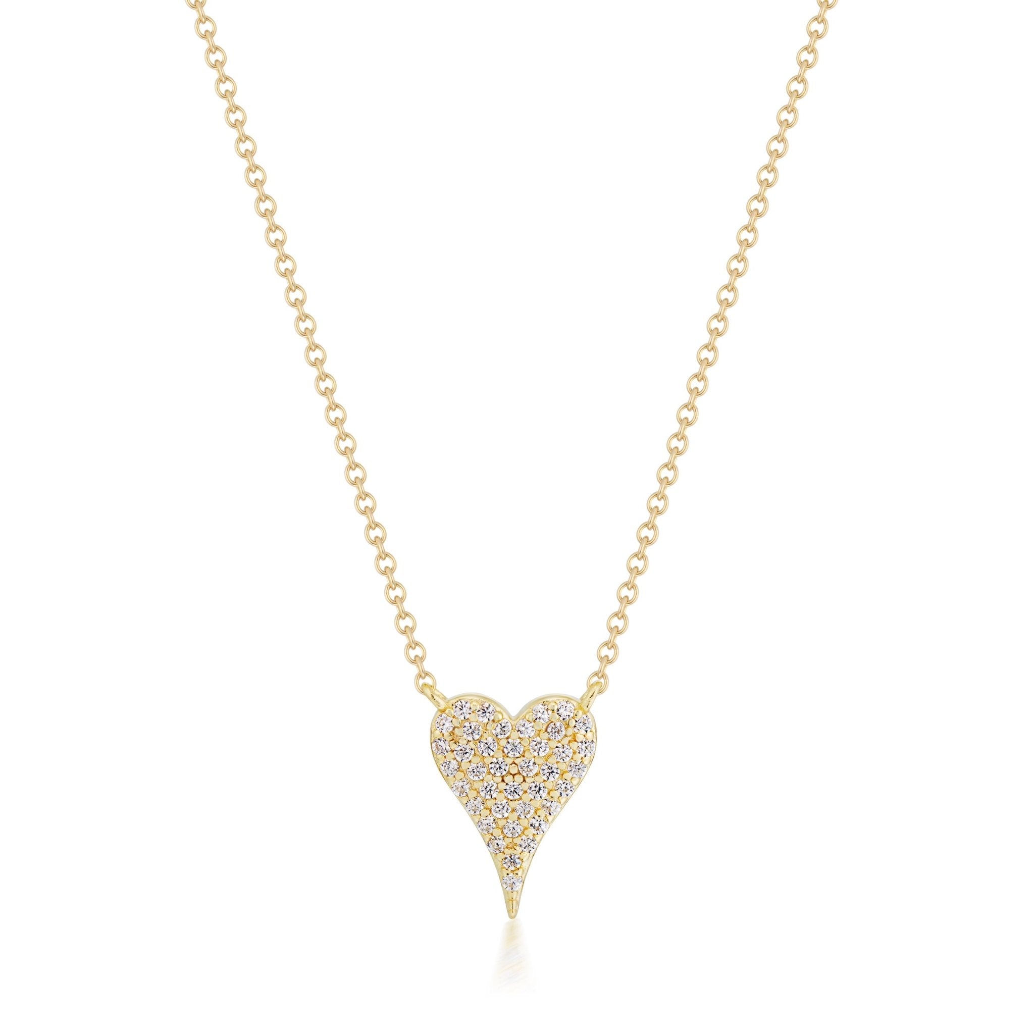 14K gold plated 925 sterling silver pave simulated necklace shaped in a heart. trendy jewelry made in Vermont, perfect for casual wear, date night, work, weddings, gifting, or everyday wear.