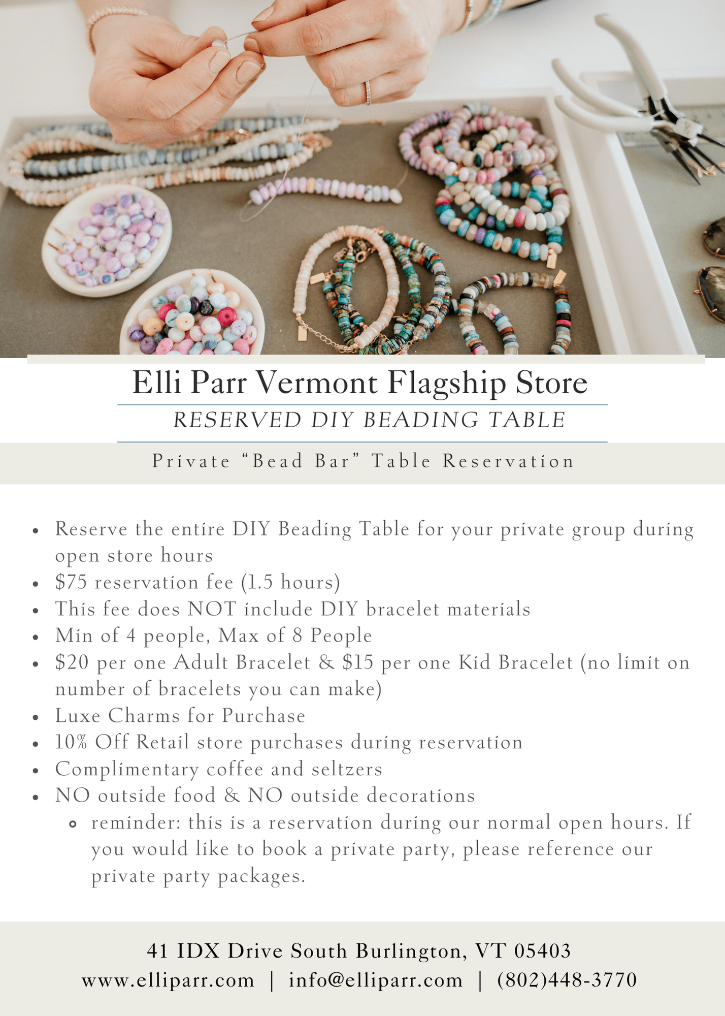 Private DIY Beading Table Reservation - elliparr. make your own jewelry at elli parr jewelry store in south burlington vermont. childrens creative jewelry making birthday parties.