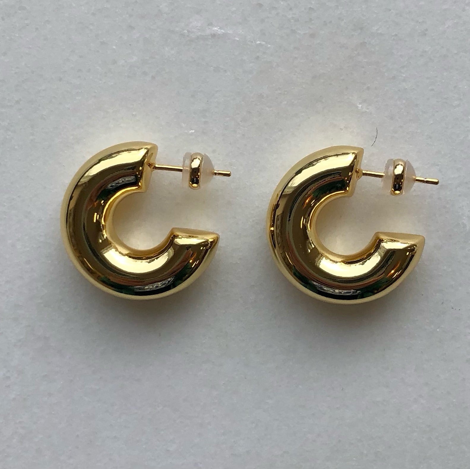 high polished 18K gold plated brass statement chunky bubble hoops in that are light and hollow – minimalist trendy jewelry made in Vermont, perfect for casual wear, date night, work, weddings, gifting, or everyday wear.