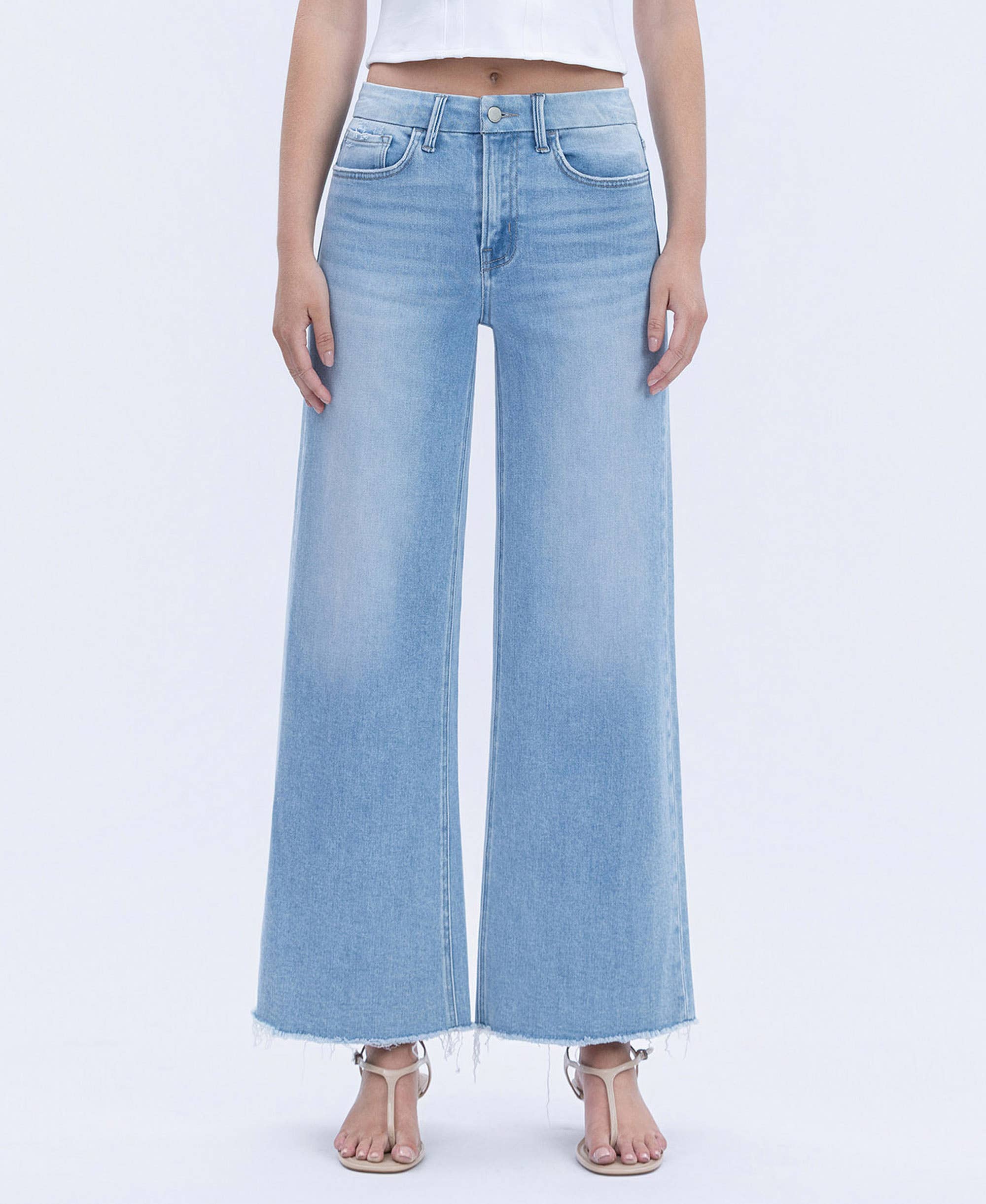 HIGH RISE RAW HEM WIDE LEG JEANS