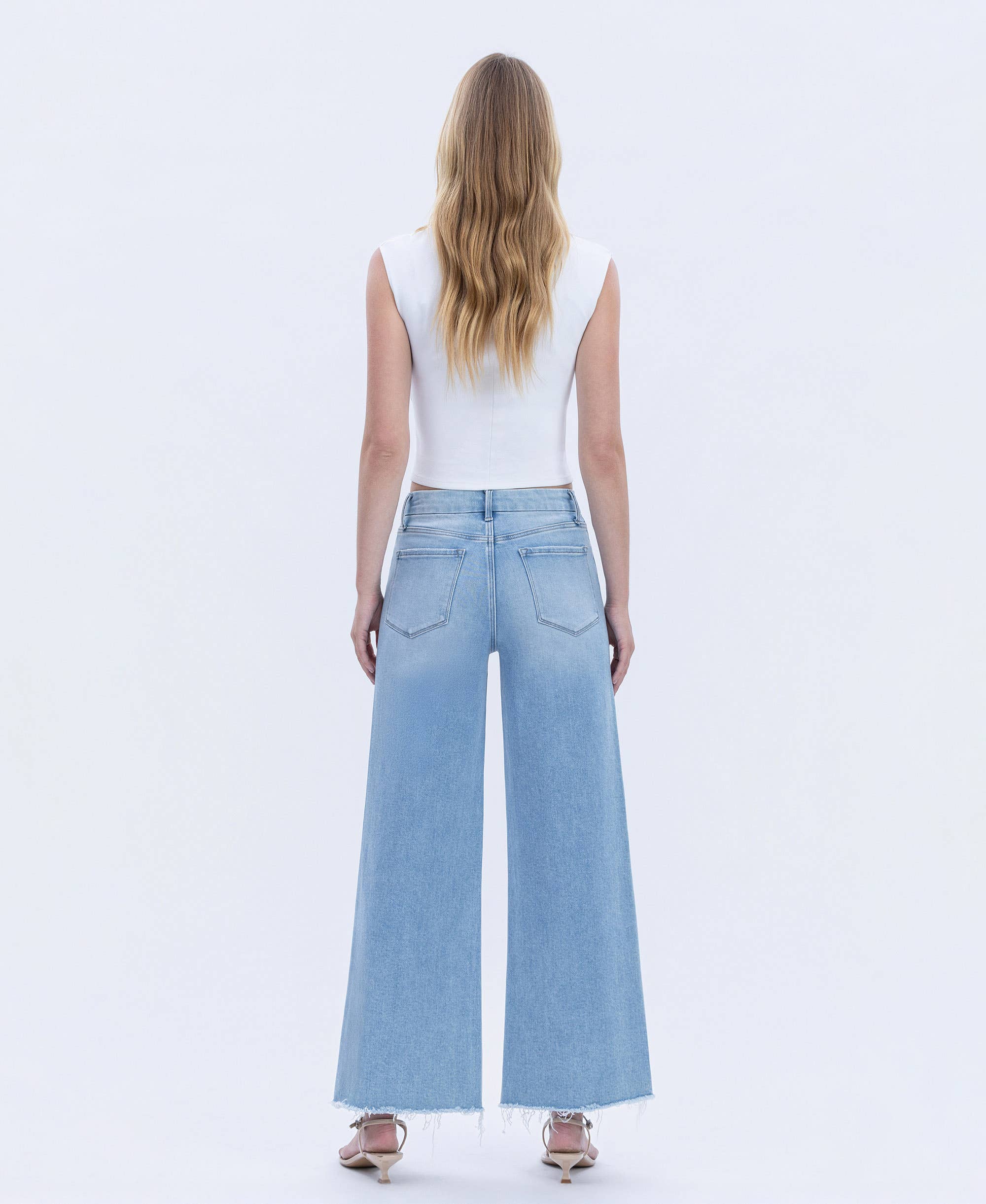 HIGH RISE RAW HEM WIDE LEG JEANS