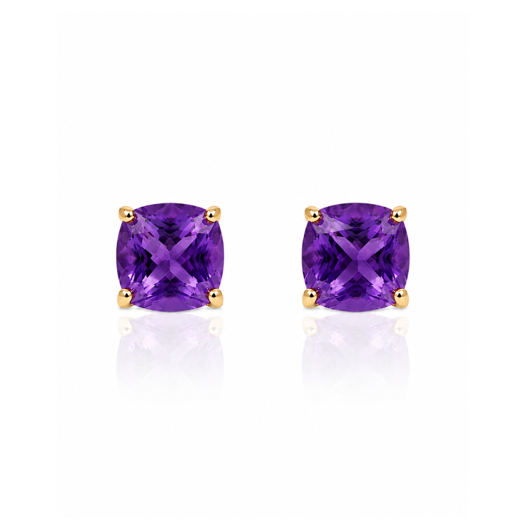 Pair of purple gemstone stud earrings on a white background