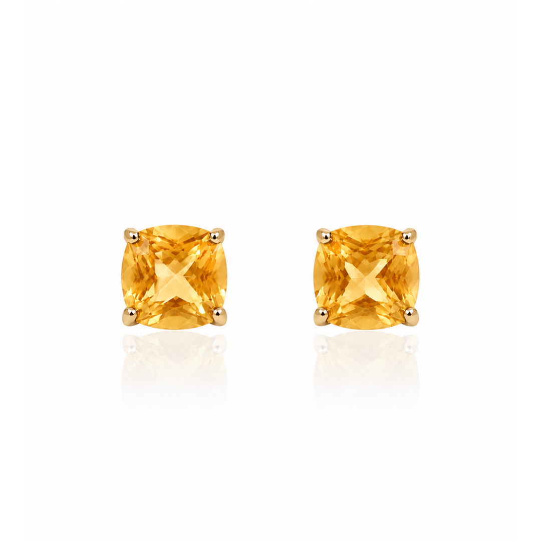 Pair of earrings with citrine yellow gemstones on a white background