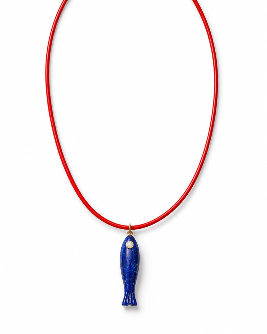 Lapis lazuli fish pendant necklace on red leather cord