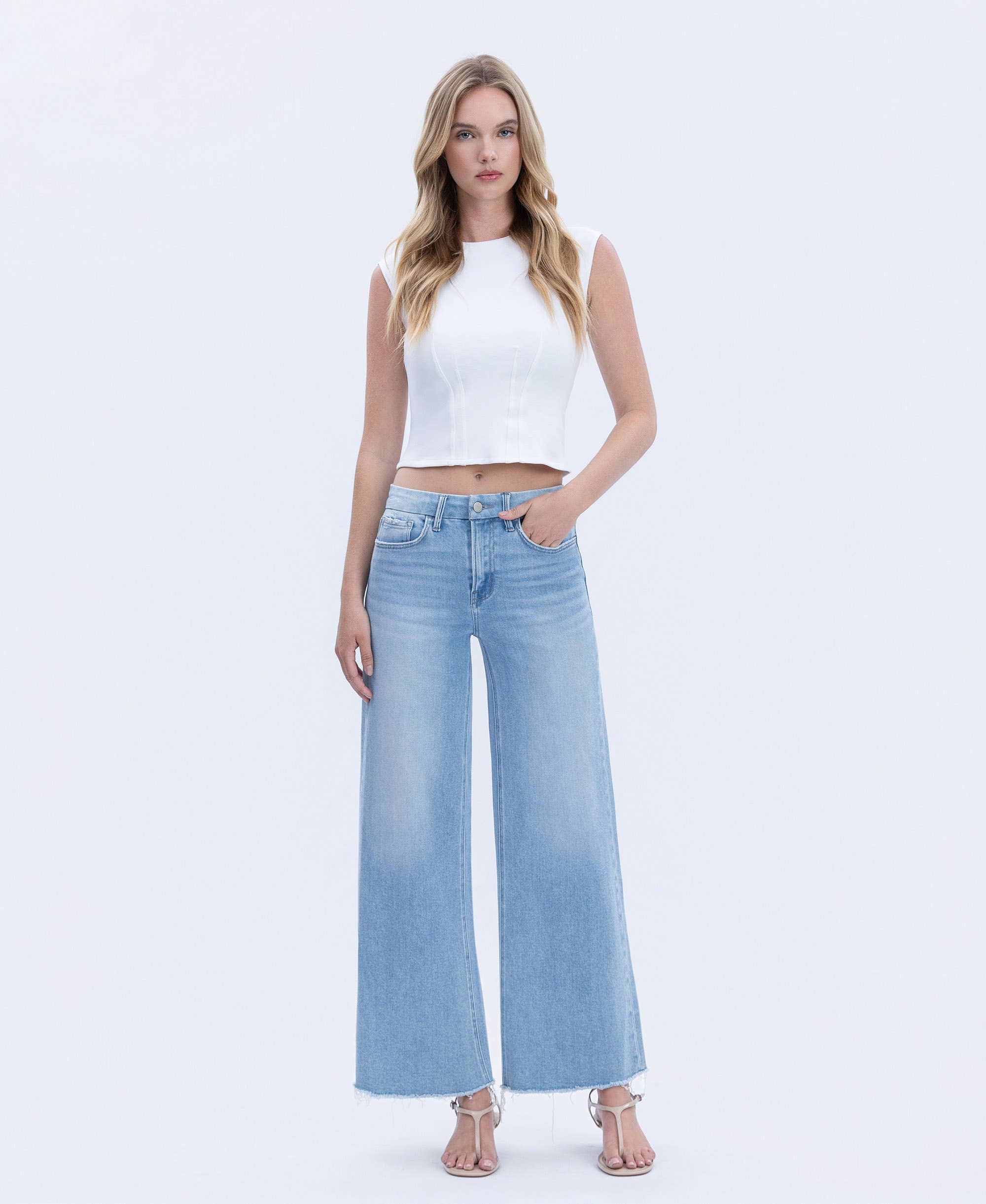 HIGH RISE RAW HEM WIDE LEG JEANS