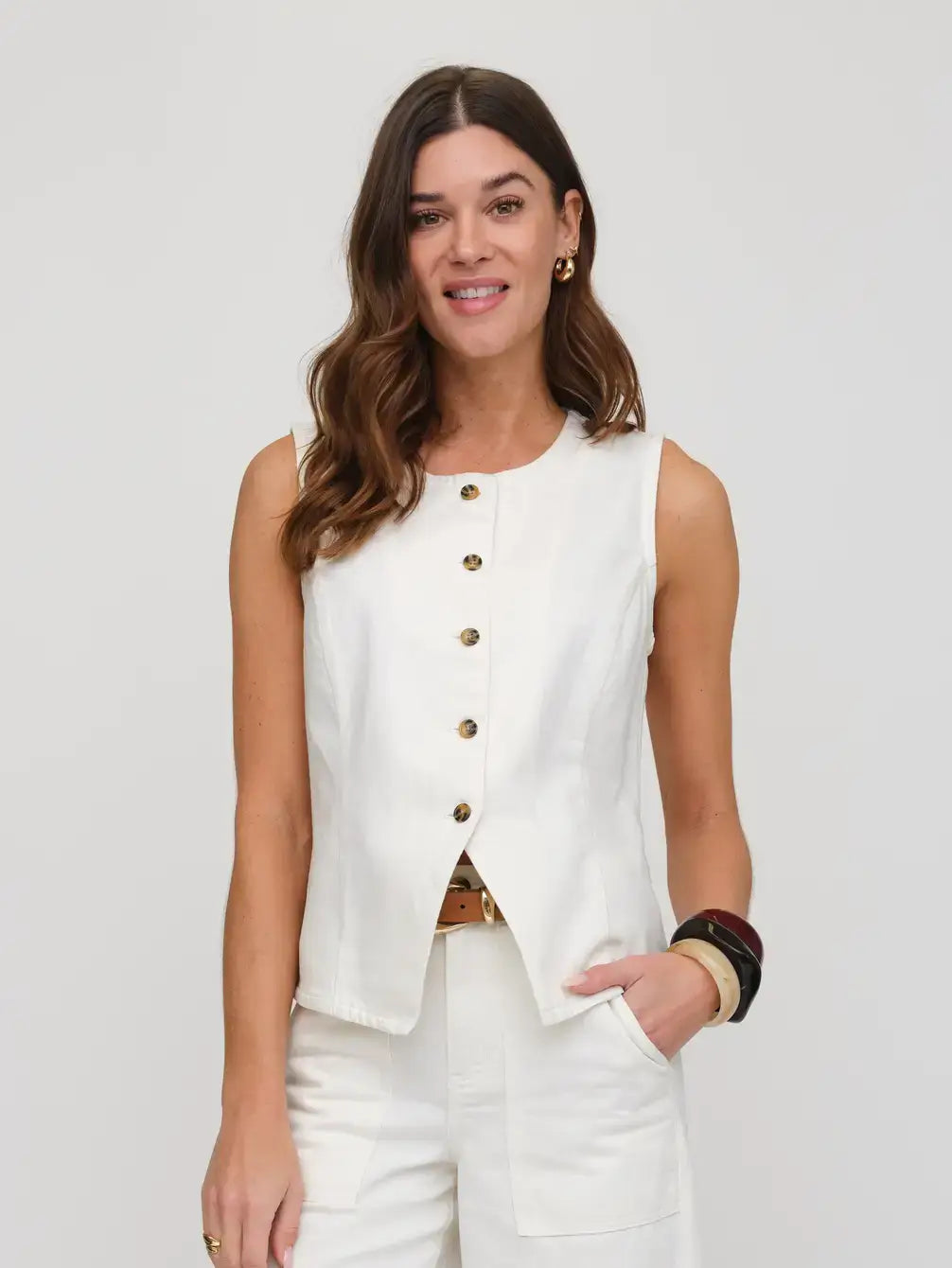 Remmington Denim Button Up Vest, Vanilla