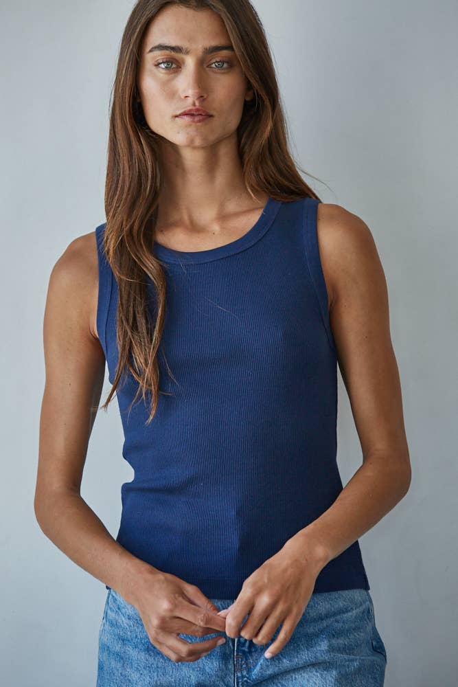 Knit Cotton Ribbed Round Neck Sleeveless Tank Top - elliparr