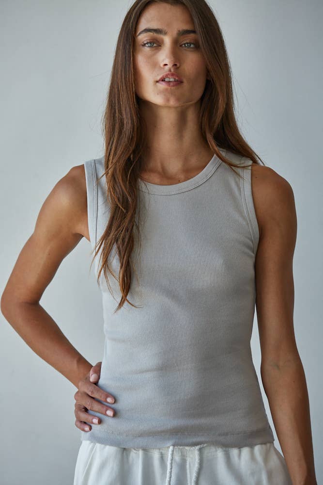 Knit Cotton Ribbed Round Neck Sleeveless Tank Top - elliparr