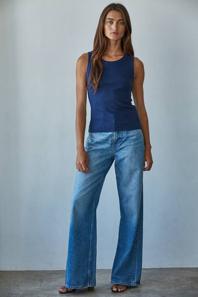 Knit Cotton Ribbed Round Neck Sleeveless Tank Top - elliparr