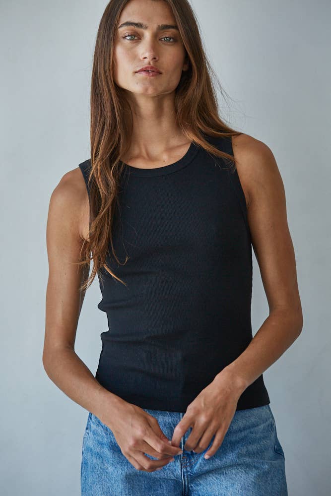 Knit Cotton Ribbed Round Neck Sleeveless Tank Top - elliparr