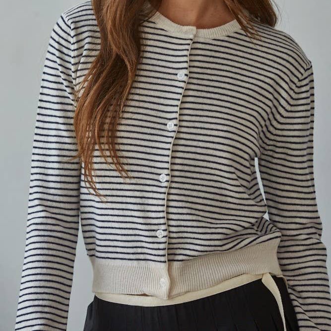Knit Sweater Acrylic Striped Crew Neck Cardigan - elliparr