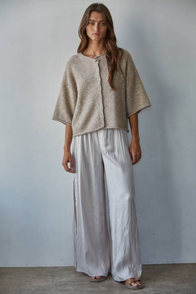 Knit Sweater Quarter Sleeve Button Up Top - elliparr