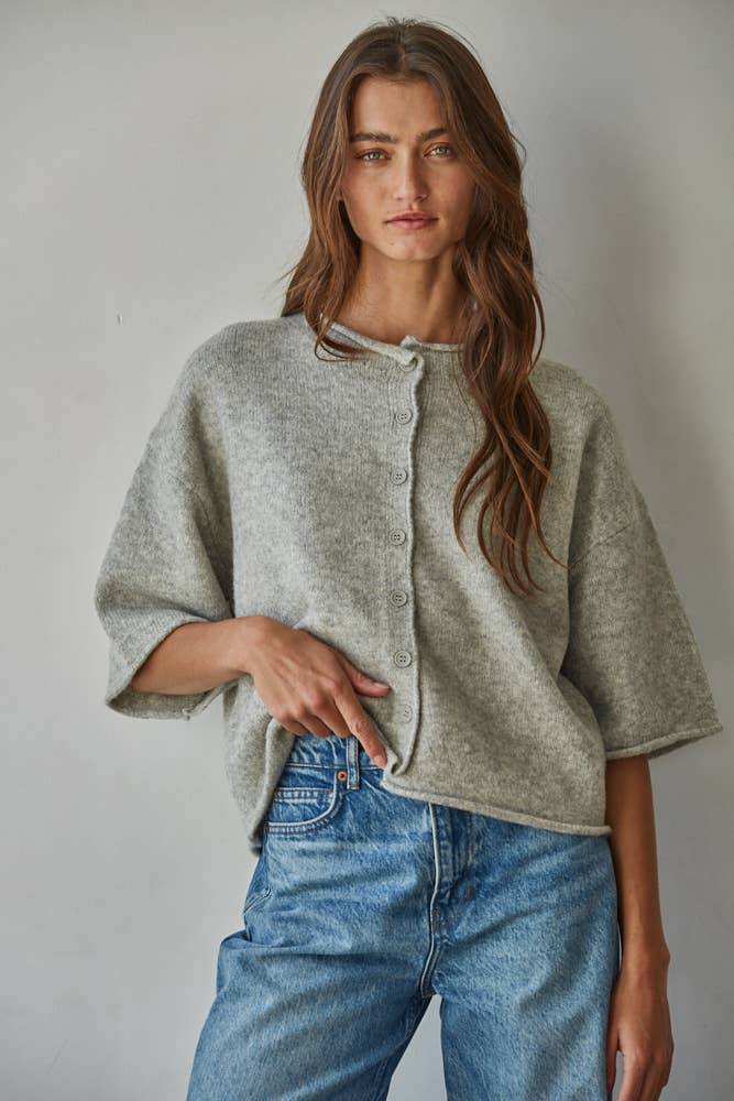 Knit Sweater Quarter Sleeve Button Up Top - elliparr