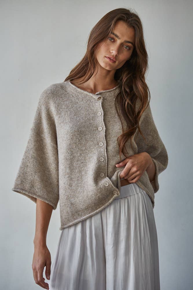 Knit Sweater Quarter Sleeve Button Up Top - elliparr