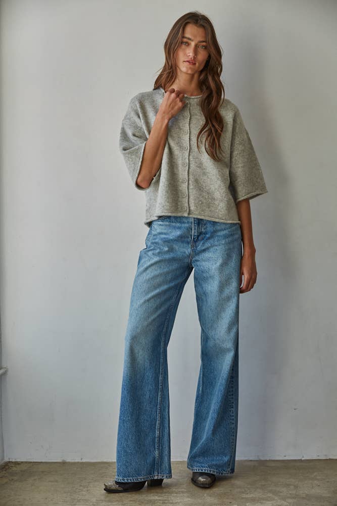 Knit Sweater Quarter Sleeve Button Up Top - elliparr